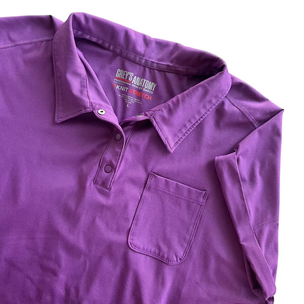 Grey's Anatomy Womens L Imperial Violet Renew Knit Stretch Polo Scrub Top Pocket